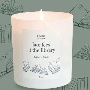 NEW IN BOX Literie Late Fees At  The Library Paper + Linen Scent Candle